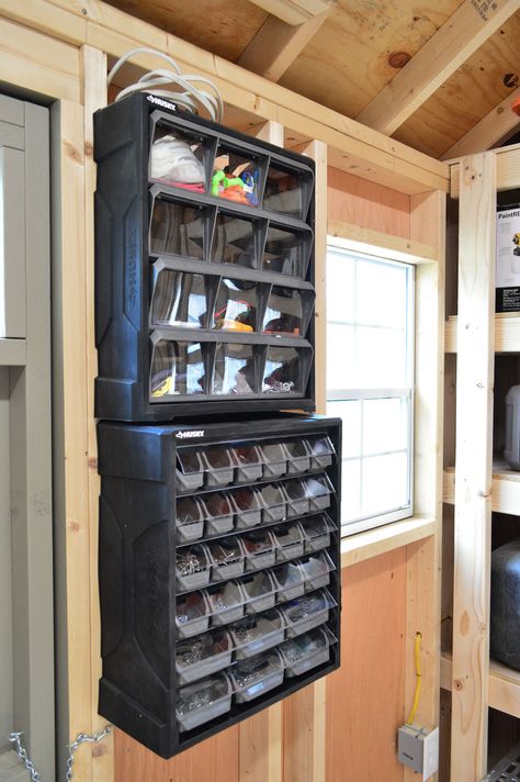 shed storage ideas small part organizers nails screws Shed Organisation, Shed Storage Ideas, Tool Shed Organizing, Small Parts Organizer, Storage Shed Organization, Diy Storage Shed, Clutter Solutions, Shed Organization, Simple Shed