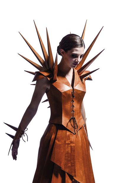 David Walker, metal and paper - the spikes give the piece a personality that I am liking, the edges has a nice angle where they meet. Denim Jacket Diy, World Of Wearable Art, David Walker, Vetements Clothing, Sculptural Fashion, Mode Costume, Paper Fashion, Princess Photo, Iris Van Herpen