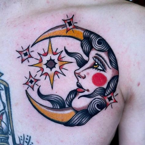 American Traditional Sun And Moon Chest Tattoo Which Tattoos, Traditional Sun Tattoo, Traditional Mermaid Tattoos, Traditional Ship Tattoo, Traditional Dagger Tattoo, Traditional Butterfly Tattoo, Traditional Eagle Tattoo, Traditional Tattoo Inspiration, American Traditional Tattoos