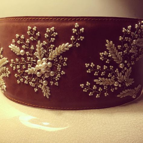 278 Likes, 5 Comments - Bhumika Sharma (@bhumikasharmaofficial) on Instagram: “Gorgeous pearl detailing on our tan leather belt is everything that you need this season…” Sulam Manik, Bhumika Sharma, Embroidery Belt, Pola Manik, Gold Work Embroidery, Leather Embroidery, Zardozi Embroidery, Tan Leather Belt, Pearl Embroidery