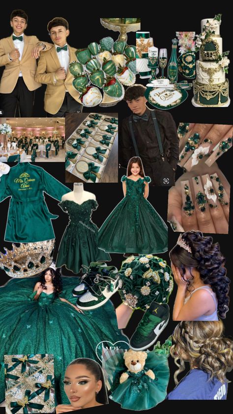 Tina Quinceanera Theme, Emerald Green Quinceanera Theme Makeup, Emerald Green Royalty Aesthetic, Emerald Green And Gold Quince Theme, Green And Gold Quinceanera Theme, Emerald Quinceanera Theme, Emerald Green 15 Dress, Emerald Green Quince Theme, Emerald Quinceanera