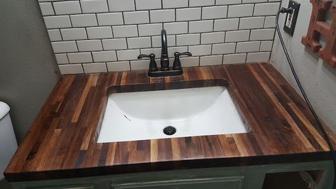 Butcher Board Bathroom Counter, Butcher Block Bathroom Sink, Butcher Block Counter Bathroom, Bathroom With Butcher Block Counter, Butcher Block Bathroom Countertops, Butcher Block In Bathroom, Butcher Block Vanity Top Bathroom, Wood Counter Bathroom, Diy Bowl Sink