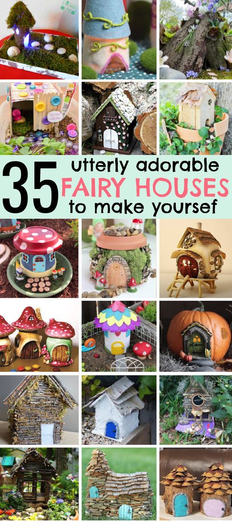 35 Adorable DIY Fairy Houses - make these cute fairy garden houses this summer with your kids! Any miniature garden DIY -er will love these awesome tiny dwellings. Lots of natural fairy house ideas, AND other ideas, like using a plastic bottle or mason jar! This whole site is full of cute fairy garden ideas. Garden Ideas Homemade, Miniature Garden Diy, Kids Fairy Garden, Pumpkin Fairy House, Tattoo Plant, Diy Fairy Garden, Fairy House Crafts, Clay Fairy House, Garden Houses