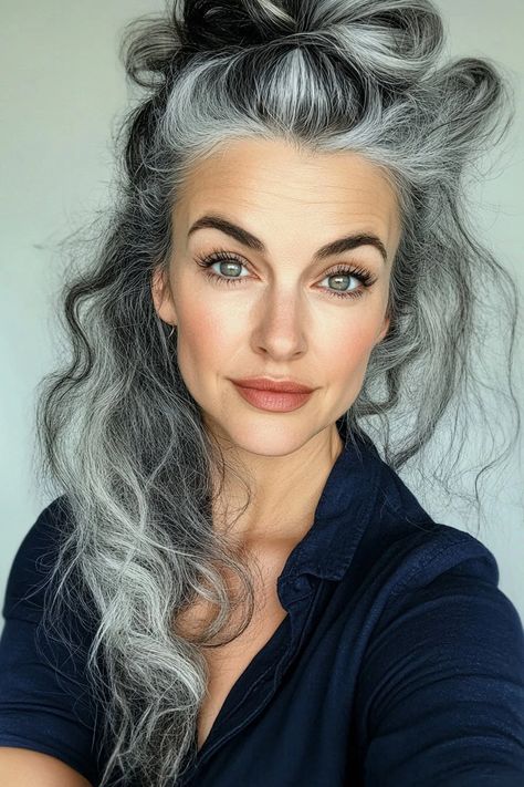 Grey Roots Hairstyles, Color Grey Hair Ideas, Long Curly Grey Hair Natural Curls, Best Color Clothing For Gray Hair, Silver Hair Brunette, Fashion Grey Hair, Silver Bob Hair, Gray Hair Wedding Hairstyles, Deep Winter Grey Hair