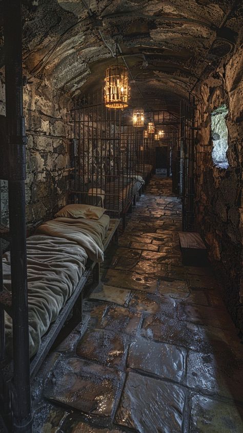 "Ancient Dungeon Cell: An #historical, #ancientdungeon cell featuring a rusty bed, #medieval walls, and a #vintage chandelier. #ancient #dungeon #cell #eerie #stone #aiart #aiphoto #stockcake ⬇️ Download and 📝 Prompt 👉 https://stockcake.com/i/ancient-dungeon-cell_814954_1047544" Secret Dungeon Room, Medieval Prison Aesthetic, Ancient Castle Interior, Medieval Stone Wall, Fantasy Dungeon Aesthetic, Castle Dungeon Aesthetic, Chandelier Ancient, Dungeon Room Ideas, Creepy Dungeon