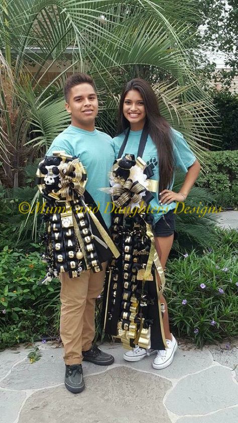 Matching mum and garter in school colors for Klein Oak High School. Matching Homecoming Mum And Garter, Matching Mum And Garter, Couple Mums Homecoming, Garter Mums Homecoming For Boys, Mum Garters For Guys, High School Mums Homecoming, Homecoming Garters For Guys, Homecoming Couples, Night Volleyball