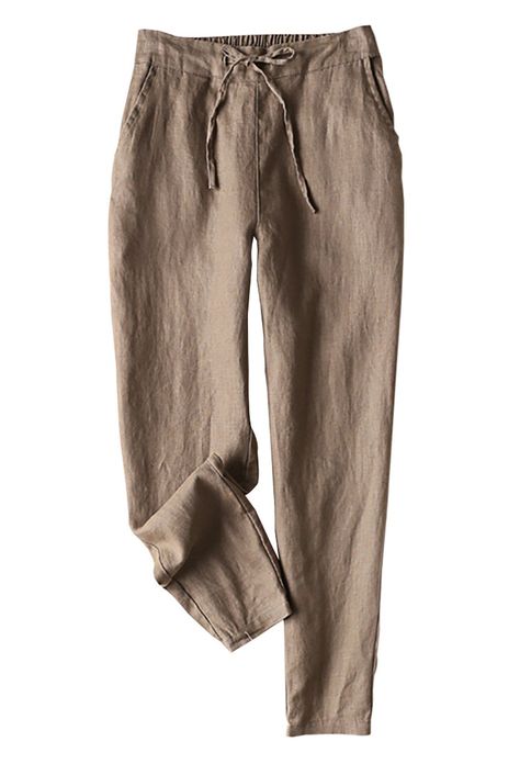 Linen Drawstring Pants, Summer Trousers, Lucky Jeans, Cotton Linen Pants, Tapered Trousers, Linen Pants Women, Dark Khaki, Elastic Waist Pants, Ankle Length Pants