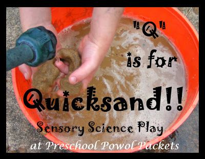 Q is for Quicksand Science Sensory Play #preschoolactivities #letters Letter Q Crafts, Sensory Science, Preschool Science Activities, Science Crafts, Science Activities For Kids, Letter Q, Science Themes, Preschool Lesson Plans, Preschool Letters