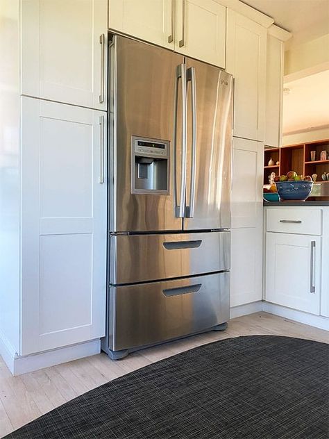 Cabinet Built Around Refrigerator, Cabinet By Refrigerator, Best Counter Depth Refrigerator French Doors, Non Counter Depth Refrigerator, Counter Height Refrigerator, Ge Cafe Counter Depth Refrigerator, Counter Depth Fridge With Cabinets, Kitchen Refrigerator Counter Depth, Fridge Near Corner