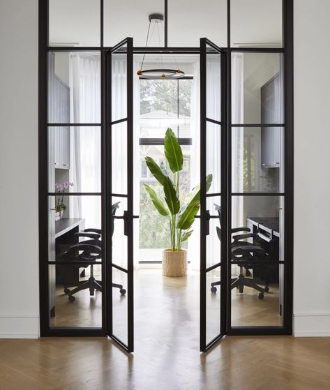 Office Doors For Home, Dining Room To Office, Glass Office Doors, Walls Interior Design, Glass Wall Office, Home Office Doors, Butik Design, Glass Wall Design, Casa Garage