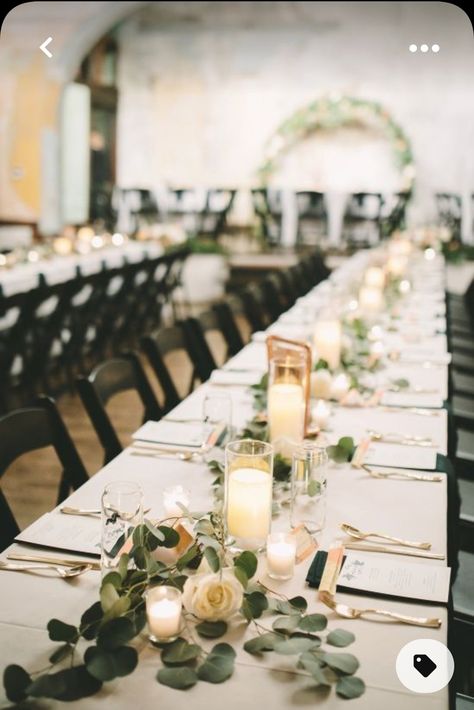 Long Table Greenery Wedding, Wedding Table Greenery And Candles, Wedding Long Table Decor, Wedding Long Table Decorations, Candles Table Setting, Simple Wedding Table Settings, Wedding Tablesetting, Wedding Dinner Table Setting, White And Greenery Wedding