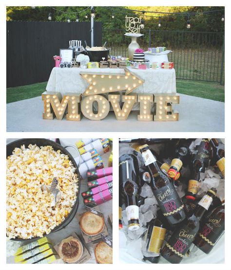 Outdoor Movie Night 30th birthday party via Kara's Party Ideas KarasPartyIdeas.com Party supplies, desserts, food, cake, desserts, tutorials, and more! #movieviewingparty #outdoormovieparty #thirtiethbirthday #movieparty #outdoorpartyideas #outdoorparty (2) Diy Fotokabine, Outdoor Movie Party, Backyard Movie Party, Movie Night For Kids, Outdoor Movie Night, Movie Night Birthday Party, Backyard Movie Nights, Backyard Movie, 30th Birthday Party