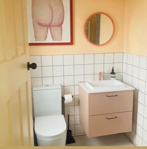 Peach And White Bathroom, Best Colours For Bathroom, Peach Colour Bathroom, Yellow Tiled Bathrooms, Bathroom Pop Of Color, Small Colourful Bathroom, Peach Toilet, Colorblock Bathroom, Colourful Toilet