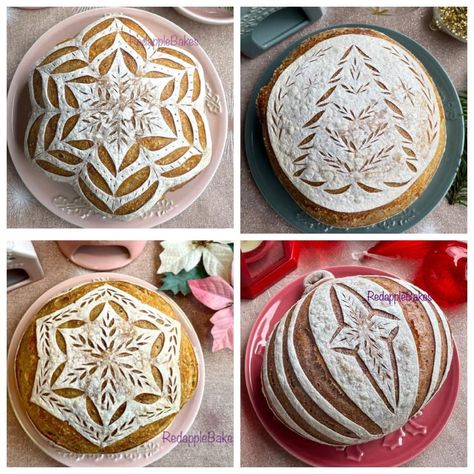 Sourdough Cut Designs Christmas, New Year Sourdough Scoring, Christmas Shaped Sourdough, Sourdough Score Designs Christmas, Christmas Bread Scoring Patterns, Sourdough Designs Christmas, Christmas Sourdough Design, Sourdough Scoring Patterns Christmas, Snowflake Sourdough Scoring