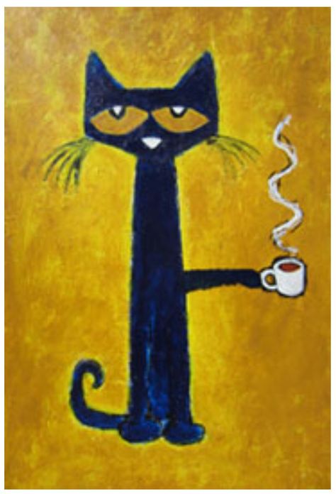 Cat and coffee Pete The Cat Art, Abstract Cats, Arte 8 Bits, Yellow Coffee, Pete The Cat, Animal Illustrations, Cat Coffee, A Cup Of Coffee, Cat Painting