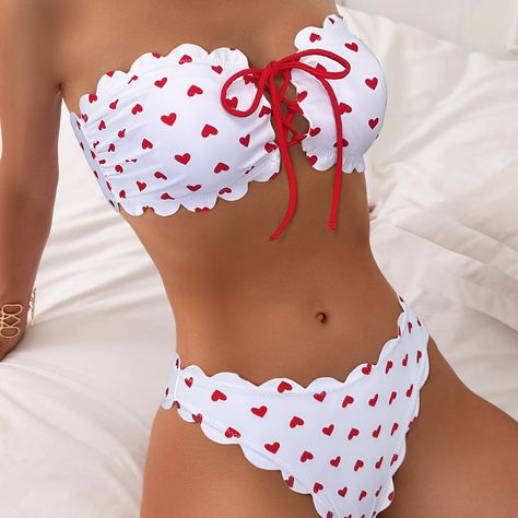 Faster shipping. Better service High Cut Swimsuit, Beachwear Fashion, Scallop Trim, Cute Swimsuits, Print Swimsuit, Heart Pattern, Swimsuit Cover Ups, Beachwear For Women, Scalloped Edges