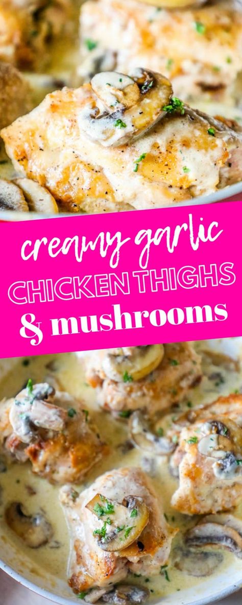 Creamy Garlic Chicken Thighs, Chicken Thighs And Mushrooms, Low Carb Dinner Chicken, Garlic Chicken Thighs, Chicken Thighs Mushrooms, Easy Baked Pork Chops, Crockpot Chicken Thighs, Chicken Wing Recipes Baked, Creamy Garlic Mushrooms