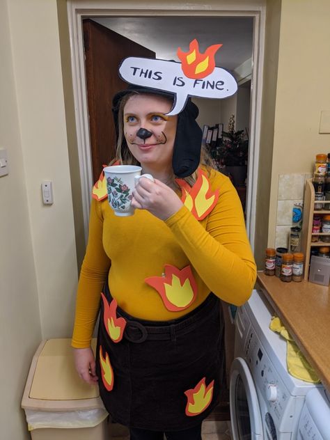 Costume based on "This is Fine" dog sitting drinking tea in a burning building. Very 2020 feels. This Is Fine Dog Costume, This Is Fine Halloween Costume, Funny Solo Costumes, Funny Blonde Halloween Costumes, Funny Solo Halloween Costumes Women, Cheesy Halloween Costumes, Bartending Halloween Costumes, Duolingo Halloween Costume, This Is Fine Costume