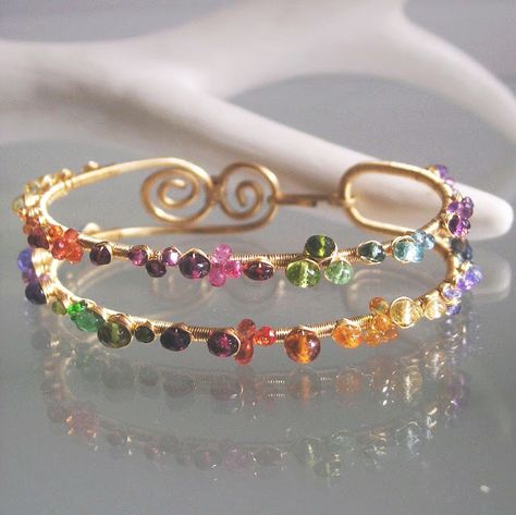 Colorful Wire Wrapped Gemstone Jewelry Designs by bellajewelsII - The Beading Gem's Journal Wire Wrapped Gemstone Jewelry, Free Jewellery Making Tutorials, Gemstone Jewellery Design, Bracelet Rainbow, Gemstone Bangle, Gems Bracelet, Wire Work Jewelry, Handmade Wire Jewelry, Work Jewelry