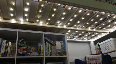 How To Make A Bunk Bed Into A Loft Bed, Decorating Under Loft Bed, Fairy Lights Under Loft Bed, Fairy Lights Loft Bed, Under Bunk Bed Lights, Loft Bed Curtain Ideas, Loft Bed Led Lights, Loft Bed Lights, Bottom Bunk Bed Decorating Ideas Lights