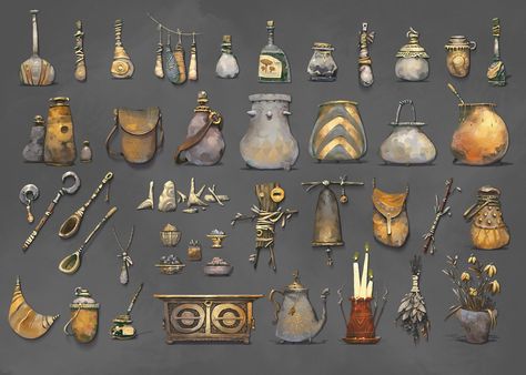 Witch Props Design, Leo Weiss on ArtStation at https://www.artstation.com/artwork/8vlDx Concept Art Props, Witch Props, Props Design, Props Concept, Environment Props, Graphisches Design, Props Art, Adornos Halloween, Fantasy Props