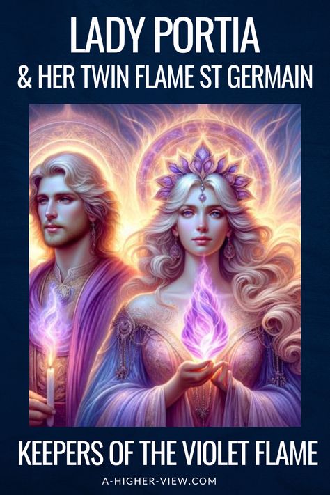 Lady Portia graces the spiritual realms as a beacon of Divine Feminine energy.  Significantly, her spiritual connection transcends the boundaries of her individual identity, as she is recognized as the twin flame of the Ascended Master Saint Germain. Their divine partnership mirrors the harmonious interplay of masculine and feminine energies in the universe, serving as a cosmic symbol of spiritual unity and balance.  #ladyportia #ascendedmaster #stgermain #theosophy Divine Partnership, List Of Archangels, Types Of Angels, Psychic Development Learning, Goddess Of Justice, Spiritual Angels, Eternal Soul, Violet Flame, Spiritual Ascension