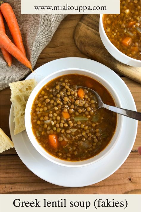 Greek Lentil soup Greek Lentil Soup Recipe, Mediterranean Soups, Greek Lentil Soup, Greek Soup, Diane Kochilas, Cypriot Food, Mediterranean Cooking, Greek Recipes Authentic, Fasting Recipes