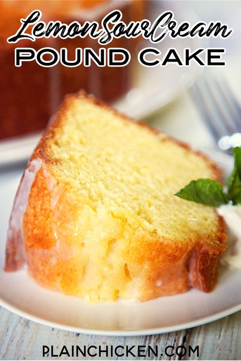 Lemon Sour Cream Pound Cake - the most AMAZING pound cake I've ever eaten! So easy and delicious! Top the cake with a lemon glaze for more yummy lemon flavor. Serve the cake with whipped cream, mint and fresh berries. I took this to a party and everyone asked for the recipe! Lemon Sour Cream Pound Cake, Lemon Sour Cream Cake, Cake With Whipped Cream, Lemon Pound Cake Recipe, Sour Cream Pound Cake, Sour Cream Cake, Lemon Dessert Recipes, Lemon Cake Recipe, Lemon Pudding