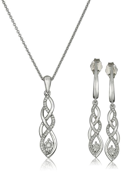 Sterling Silver Diamond Twist Pendant Necklace and Earrings Box Set (1/5 cttw, K-L Color, I3 Clarity) ** Insider's special review you can't miss. Read more  : trend jewelry 2016 Twist Jewelry, Hammered Silver Jewelry, Jewelry Delicate, Pearl Bridal Jewelry, Earring Box, Women's Jewelry Sets, Christmas Earrings, Diamond Pendant Necklace, Necklace And Earrings