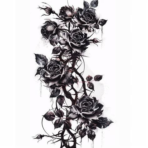 Vine Tattoo Art Set Rose Vine Leg Tattoo, Full Arm Flower Tattoo Floral Sleeve, Vine Cover Up Tattoo, Inverted Flower Tattoo, Carnation Vine Tattoo, Rose And Lilly Tattoos, Dragon And Flower Tattoo For Women, Flowering Vine Tattoo, Black Work Hand Tattoo