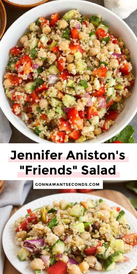 *NEW* This quinoa salad is a variation on the now-famous "Friends Salad," which Jennifer Aniston ate every day for 10 years on the set of Friends. #quinoasalad #saladrecipes Jennifer Aniston Quinoa Salad Recipe, Rachel Salad Friends, The Rachel Salad, Fun Salads Healthy, Spring Quinoa Salad, Jennifer Aniston Salad With Quinoa, Friends Salad Recipe, Jennifer Aniston Friends Salad, Jennifer Aniston Quinoa Salad