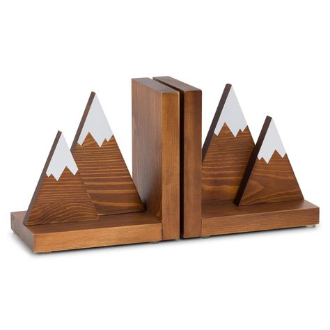 PRICES MAY VARY. STURDY AND DURABLE. Each mountain bookend is handcrafted using thick high quality solid pine wood, stained and sealed with a protective varnish to bring out it’s unique natural beauty. The mountain bookend peaks are securely attached to the bookend bases using premium grade furniture screws. Your bookends will still look great after years of use. RUSTIC ADVENTURE DECOR. Add an adventure feel to your study or home office bookcase. The beautiful hand stained finish will look great Corner Mountain Shelf, Unique Bookends Wood, Decor For Shelves, Home Office Bookcase, Rustic Office Decor, Furniture Screws, Woodsy Decor, Adventure Decor, Rustic Office