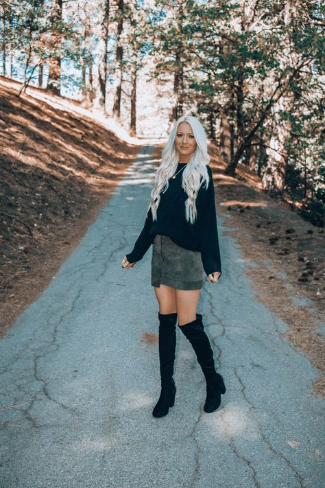 Fall Outfit Inspo | Black Velvet Sweater with Olive Green Skirt and Over The Knee Boots | Olive Green Skirt Outfit | Black Sweater Outfit | Sweater Outfit | Over The Knee Boots and Skirt Outfit | Olive Green Skirt Outfit Fall, Olive Green Skirt Outfit, Skirt Green Outfit, Skirt Outfits With Boots, Green Skirt Outfits, Corduroy Skirt Outfit, Black Sweater Outfit, Skirt Outfit Fall, Olive Clothing