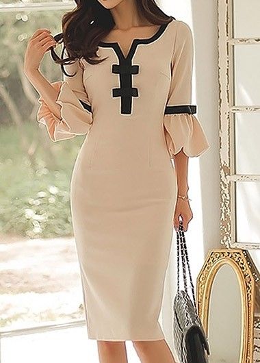 Dresses #Fashion #Dresses Flare Sleeve Dress, Fashion Dresses Online, Beige Dresses, A Dress, Flared Sleeves, Look Fashion, Women's Fashion Dresses, Beautiful Outfits, Sheath Dress