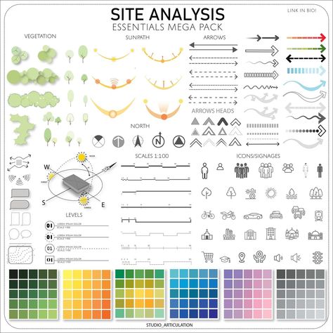 ✨ 🚀 Transform Your Spaces with Our Premier Products! ⁠ ⁠ ⭐ Site Analysis Essentials Mega Pack by @studio_articulation⁠ ⁠ With This Kit, You’ll Get:⁠ ⁠ ✅ Annotation, signs, and symbols can be a valuable tool for architects and designers!⁠ ⁠ ✅ Different types of vegetation, sun paths, arrows, icons, scales, and color palettes which allow you to present your work more effectively in your next site analysis presentation.⁠ ⁠ ➡️ Download Link in Bio! ⁠ Architecture Presentation Board Site Analysis, Site Analysis Topography, Architecture Site Analysis Drawing, Site Analysis Color Palettes, Site Analysis Urban Design, Architecture Drawing Color Palette, Sun Path Symbol, Diagram Color Palette, Architecture Color Palette Presentation