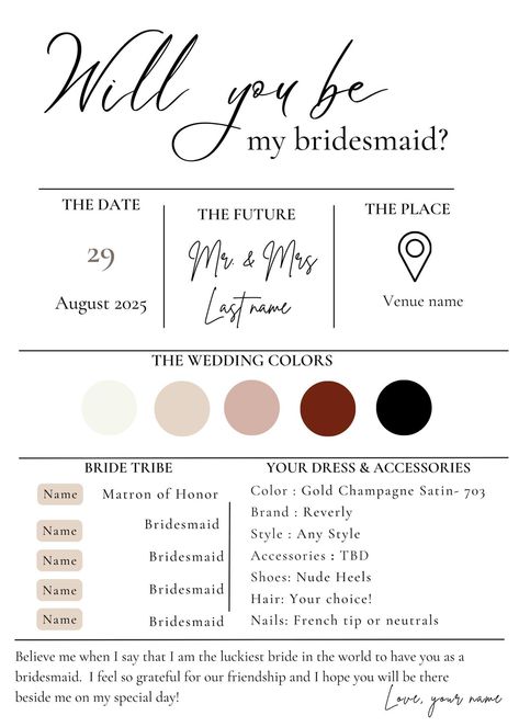 Make your bridesmaid proposal unforgettable with our beautifully designed Canva template! This easy to edit template allows you to create a personalized and stunning proposal card that will leave a lasting impression. Featuring elegant fonts, customizable colors, and space for your own heartfelt message, this template ensures your bridesmaids feel special and appreciated. Perfect for adding a touch of charm and creativity to your wedding planning. Download, customize and print or share digitally Stunning Proposal, Ask Bridesmaids, Bridesmaid Proposal Ideas, Renewal Wedding, Bridesmaid Proposals, Edit Template, Proposal Template, Cute Wedding Ideas, Stand By You