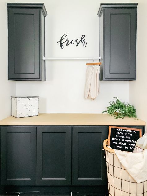 Modern Farmhouse Laundry Room Design Ideas - Butcher Block Counter Tops Laundry - Iron Or Sherwin Williams Cabinets - Small Laundry Room Ideas - Modern Design - Laundry Letterboard DESIGN: Farmhouse Living Iron Ore Laundry Room, Farmhouse Laundry Room Design, Modern Farmhouse Laundry, Modern Farmhouse Laundry Room, Letterboard Ideas, Laundry Room Design Ideas, Wash Room, Tiny Laundry Rooms, Modern Laundry