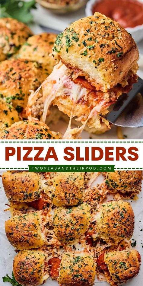 These Pizza Sliders are an easy appetizer recipe that starts with Hawaiian rolls stuffed with pepperoni, sausage, mozzarella cheese, and pizza sauce. It makes a delicious Gameday recipe or snack idea for a party! Fun Sliders Recipes, Sliders Recipes Hawaiian Rolls Pepperoni, Leftover Pepperoni Recipes, Game Day Meals For A Crowd, Easy Party Sandwiches For A Crowd, Dinner Recipes With Hawaiian Rolls, Hawaiian Roll Italian Sliders, Pizza Hawaiian Sliders, Pizza Hawaiian Rolls