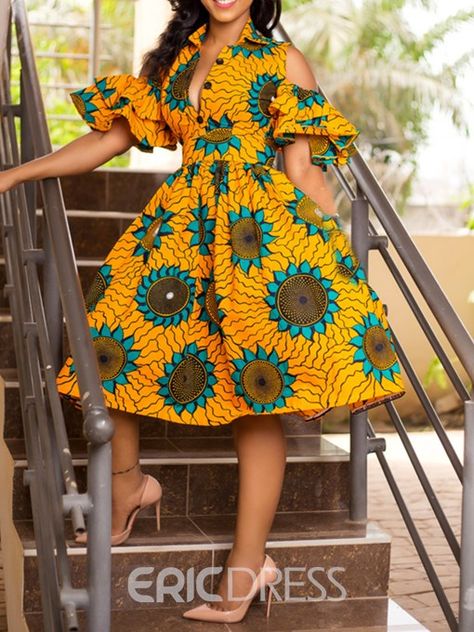 Ericdress Mid-Calf Lapel Print Floral A Line Dress Afrikaanse Mode, African Maxi Dresses, Dress Sketches, African Print Dress, African Print Dresses, African Print Fashion Dresses, African Clothing Styles, African Design Dresses, African Dresses For Women