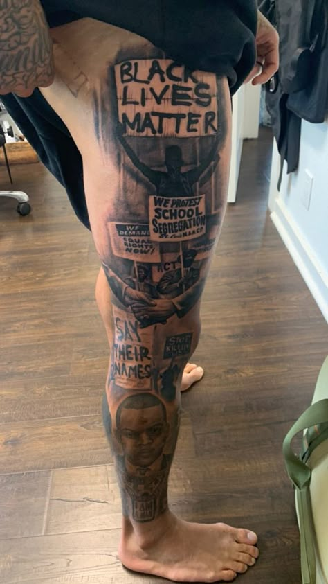 Black Lives Matter Tattoo Ideas, Blm Tattoo Ideas, Black Excellence Tattoo, Black Lives Matter Tattoo, Leg Sleeve Tattoo Male, Portrait Tattoo Sleeve, Black People Tattoos, Tattoo Pierna, Black Men Tattoos