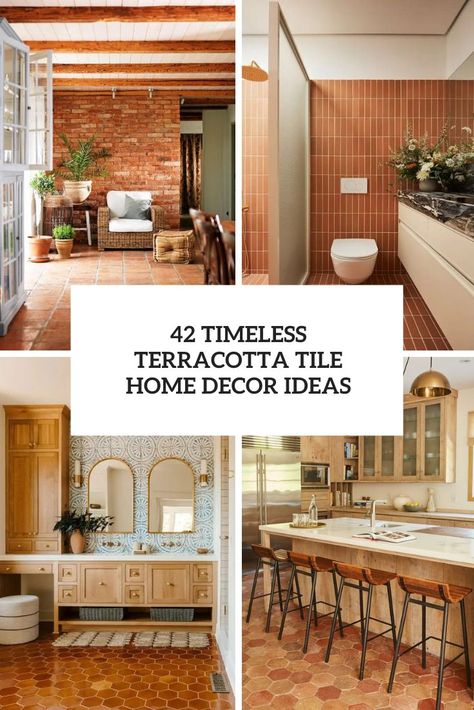 Timeless terracotta tile home decor ideas Interiors With Terracotta Tiles, Modern Saltillo Tile Kitchen, Modern Kitchen Terracotta Floor, Rooms With Terracotta Floors, Cabinet Color With Terracotta Tile, Terracotta Backsplash Kitchen Tilebar, Saltillo Tile Floor Bathroom, Terracotta Tile Sunroom, Decorating With Terracotta Floors