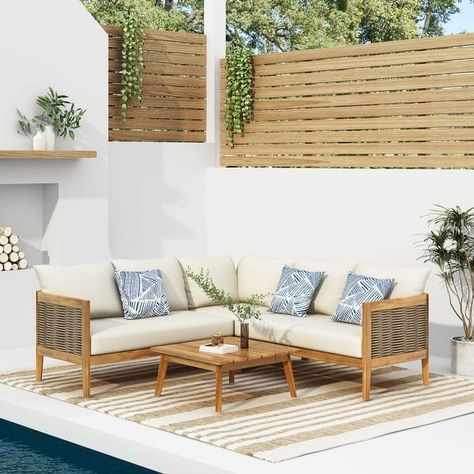 Burchett Outdoor Acacia Wood and Round Wicker 5 Seater Sectional Sofa Chat Set with Cushions by Christopher Knight Home - On Sale - Bed Bath & Beyond - 36194702 Wicker Accents, Sofa Area Externa, Round Sectional, Wicker Sectional, Wood Patio Furniture, Sofa Sectional, Wood Patio, Patio Sectional, Beige Cushions