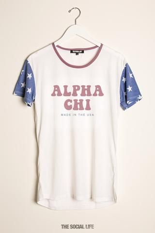 Alpha Chi Omega Vintage USA Scoop Tee Sorority Merchandise, Sigma Delta Tau, Alpha Xi Delta, Alpha Gamma Delta, Gamma Phi Beta, Zeta Tau Alpha, Kappa Alpha Theta, Alpha Delta Pi, Alpha Chi Omega