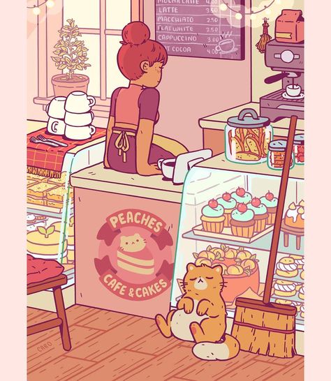 Cute Lofi Art, Cute Cafe Drawing, Arte Do Kawaii, Cafe Art, Arte Sketchbook, Cake Shop, Pastel Art, Cute Art Styles, Kawaii Drawings