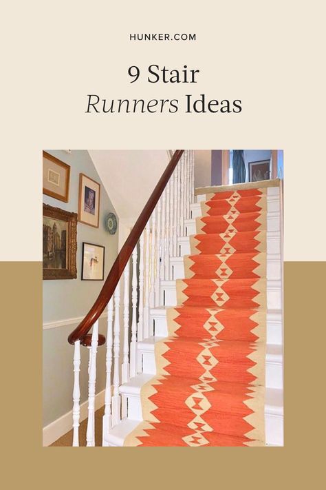 Stair runners can elevate a more subdued space (or even ground a louder one) while adding texture and softness underfoot. Here are nine ways to incorporate a vertical statement rug. #hunkerhome #stairrunner #stairway #stairrunnerideas #stairs Beach Carpet Ideas, Removable Stair Runner, Aztec Stair Runner, Persian Rug Stair Runner, Narrow Stair Runner, Mid Century Stair Runner, Kilim Stair Runner, Statement Stair Runner, Stairwell Runner Ideas