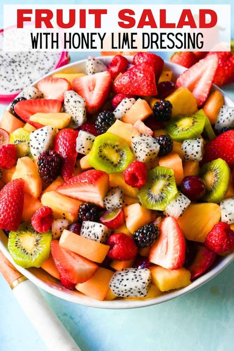 A bright and fresh fruit salad that is perfect for summertime! Made with vibrant and flavorful seasonal fruits and a sweet and simple honey lime dressing. The perfect fruit salad recipe! Honey Lime Dressing Recipe, Honey Lime Fruit Salad, Salad With Honey Lime Dressing, Fruit Salad With Honey, Fruit Dressing, Sweet Salads, Lime Salad, Summer Fruit Salad, Fruit Sweets