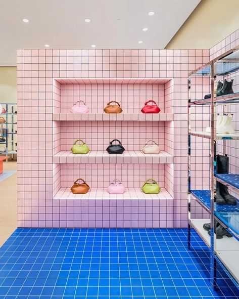 GANNI Chengdu: New Colourful and Playful Store Opens in China Rotterdam, Ganni Store Interior, Fashion Pop Up Store Concept, Cool Store Design, Store Opening Ideas, Ganni Store, Pop Up Store Design Ideas, Pop Up Store Concept, Creative Retail Display