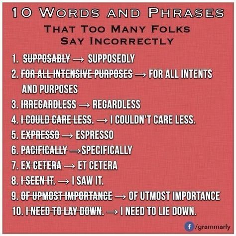 10 Words And Phrarses That Too Many People Say Incorrectly - Education - Nairaland Common Grammar Mistakes, Proper English, Grammar Mistakes, Grammar And Punctuation, Words And Phrases, Pet Peeves, 100 Words, Writers Block, Teaching English