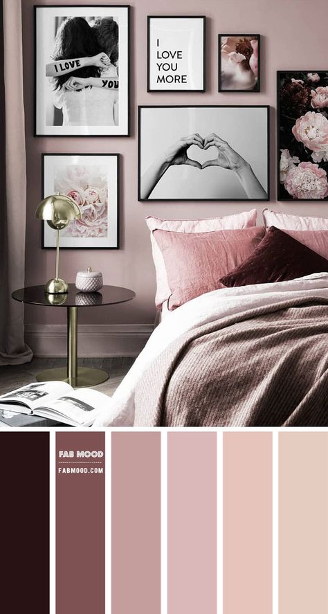 Create a romantic colour palette for your bedroom, think mauve and berry shades colours. As a sample in our bedroom palette below in shades... Romantic Bedroom Colors, Mauve Bedroom, Bedroom Palette, Colors Bedroom, Beautiful Bedroom Colors, Bedroom Colour Palette, Bedroom Wall Colors, Bedroom Color, Bedroom Decor Design