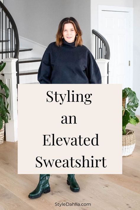 How to wear an elevated sweatshirt. #styledahlia #elevatedsweatshirt #sweatshirt #styleover40 #over40style #winterstyle #outfitinspiration Styling Black Sweatshirt, Crew Neck Sweatshirt Outfit Aesthetic, Outfits With Oversized Sweatshirts, How To Style A Black Sweatshirt, Sweatshirt To Work Outfit, Short Sweatshirt Outfit, Sweatshirt Outfit For Work, How To Dress Up A Sweatshirt For Work, Classy Sweatshirt Outfit